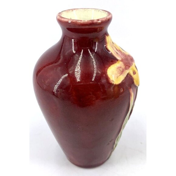 Majolica Pottery Vase Small Burgundy Flower Tulip Daffodil Motif 4" Vtg - Picture 4 of 8
